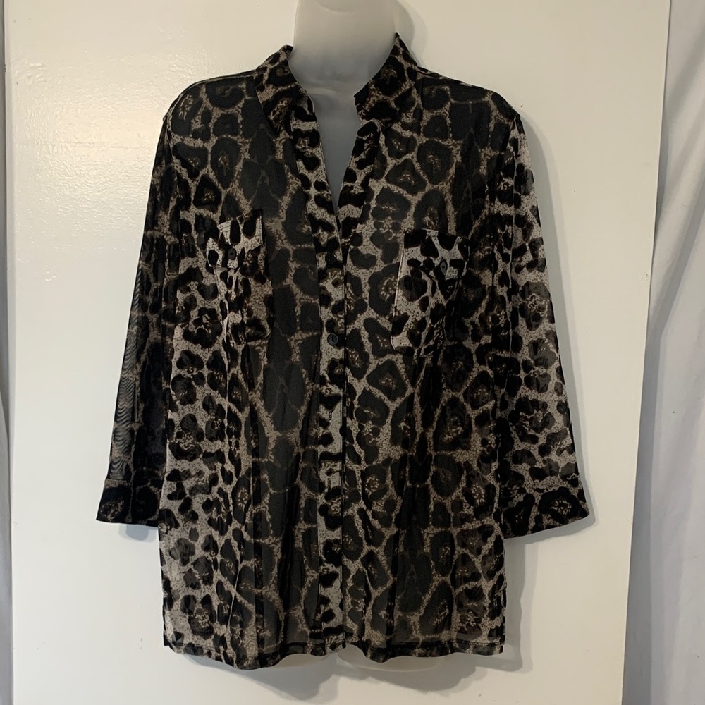 Leopard Print Sheer Button-Up Blouse